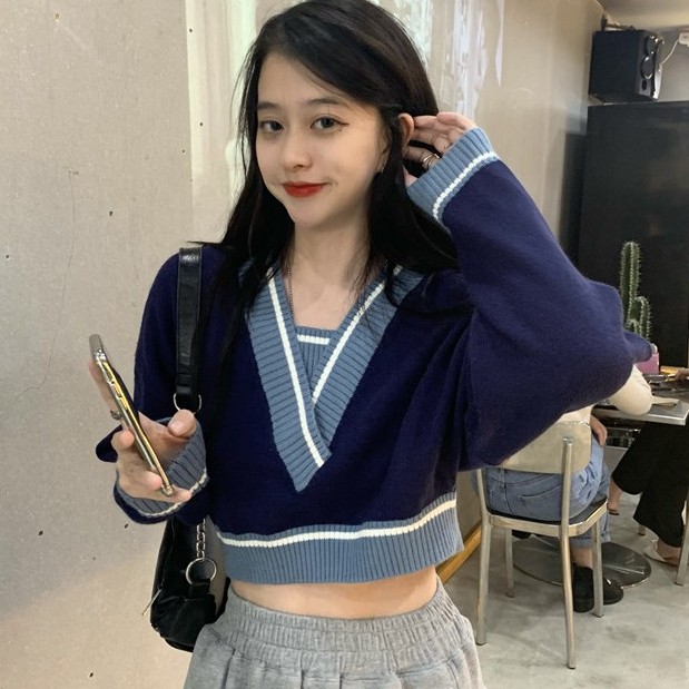 QADCOL Áo Dệt Kim Tay Dài Cổ Chữ V Phối Màu Tương Phản Thời Trang Retro Cho Nữ