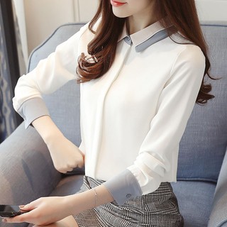 Áo sơ mi nữ tay dài chất liệu chiffon cổ phối màu tương phản thời trang