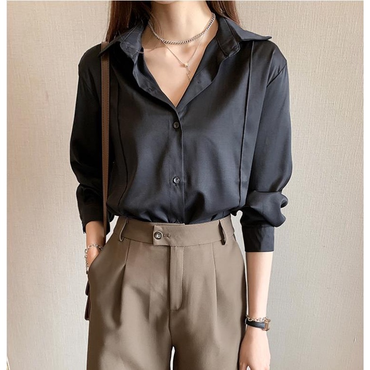 Áo Sơ Mi Tay Dài Dáng Rộng Màu Trơn Thiết Kế Đơn Giản Thời Trang Mới Cho Nữ