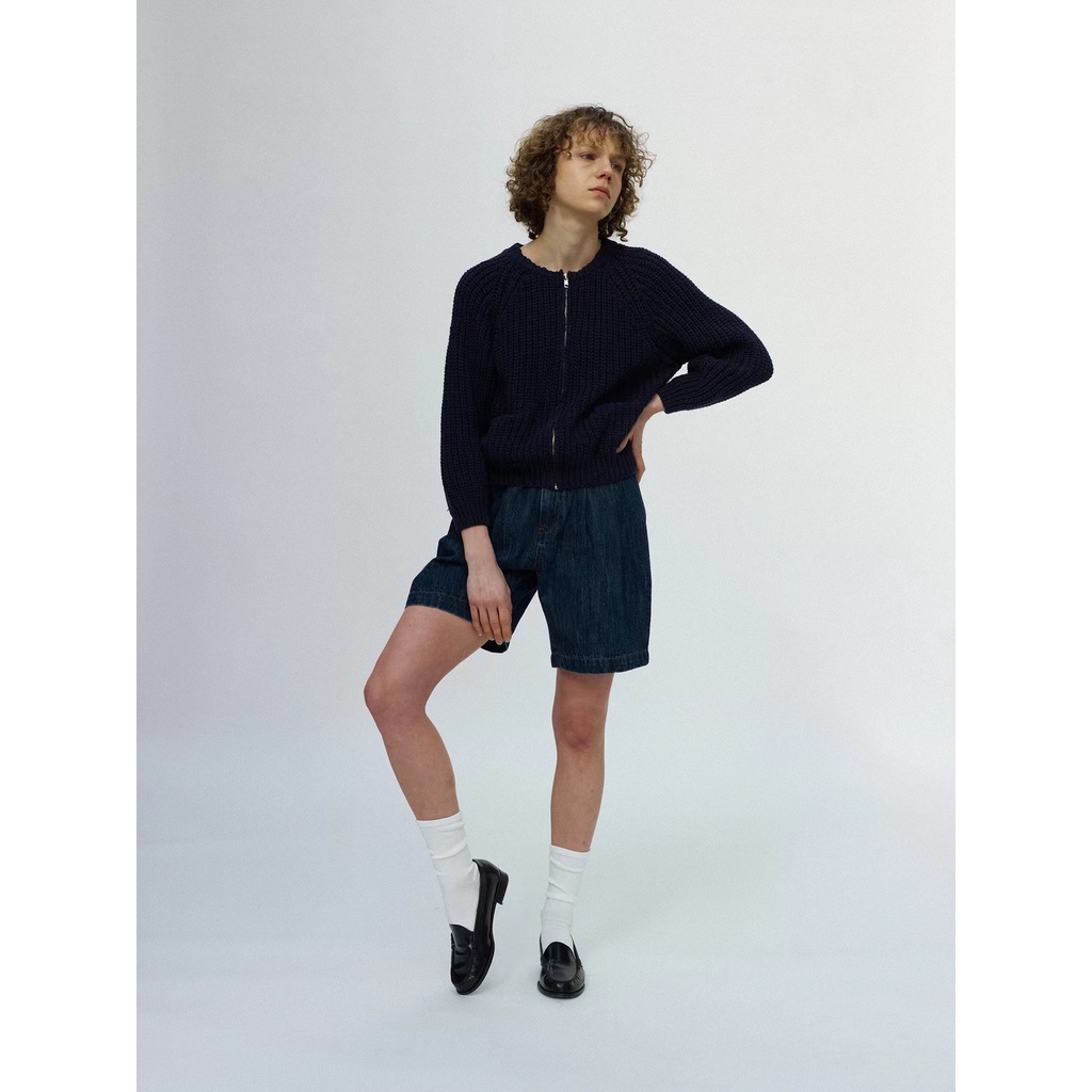 Blackpink Jennie Áo Cardigan Dệt Kim Cổ Tròn Màu Xanh Navy Khóa Kéo Đơn Giản Thời Trang Hàn Quốc Ins Không Viết Không Có Viết