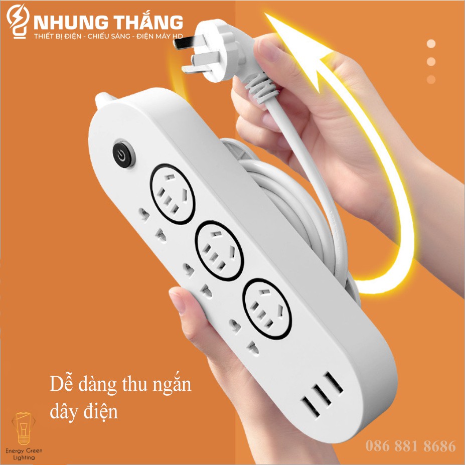 Ổ Cắm Điện Đa Năng An Toàn Chống Giật OD-3398 - Dây Dài 2.8m - Tặng Kèm Ổ Cắm Và Miếng Dán - Bảo Hành 12 Tháng