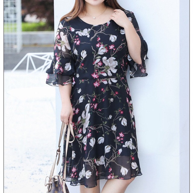 Đầm xoè big size voan hoa tay loe 2 tầng size lớn 80-90kg màu xanh, màu đen