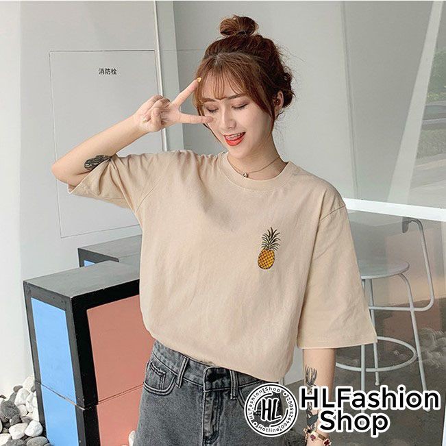 Áo thun tay lỡ form rộng thêu hình quả dứa rất xinh, áo phông form rộng size HLFashion