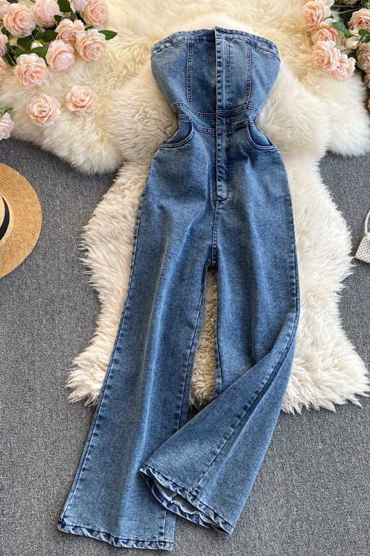 Jumpsuit, đồ bay jean dài ống rộng cúp ngực, siêu sang