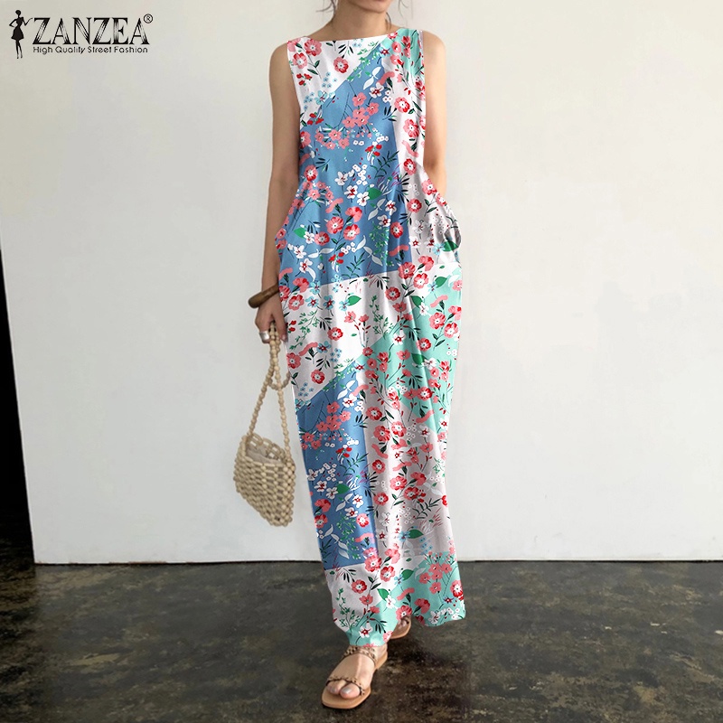 Đầm dài ZANZEA không tay cổ tròn in họa tiết hoa retro cho nữ