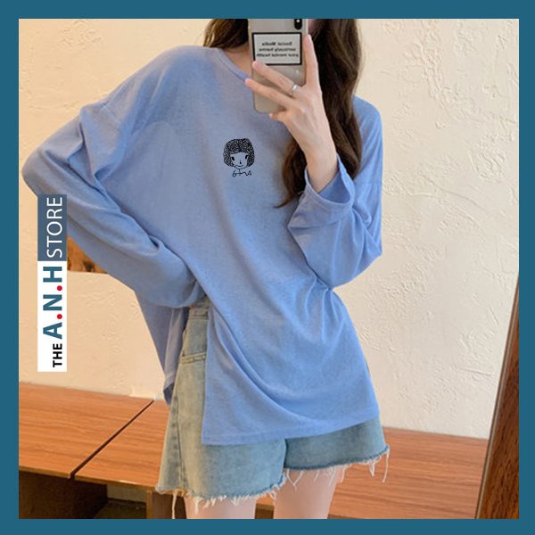 Áo thun xược tay dài xẻ tà cổ tròn nữ in hình phom rộng ANHSTORE , phom rộng phong cách Hàn Quốc