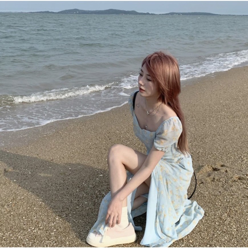 ĐẦM XANH HOA VÀNG TAY BỒNG RÃ NGỰC CHUN SAU LƯNG