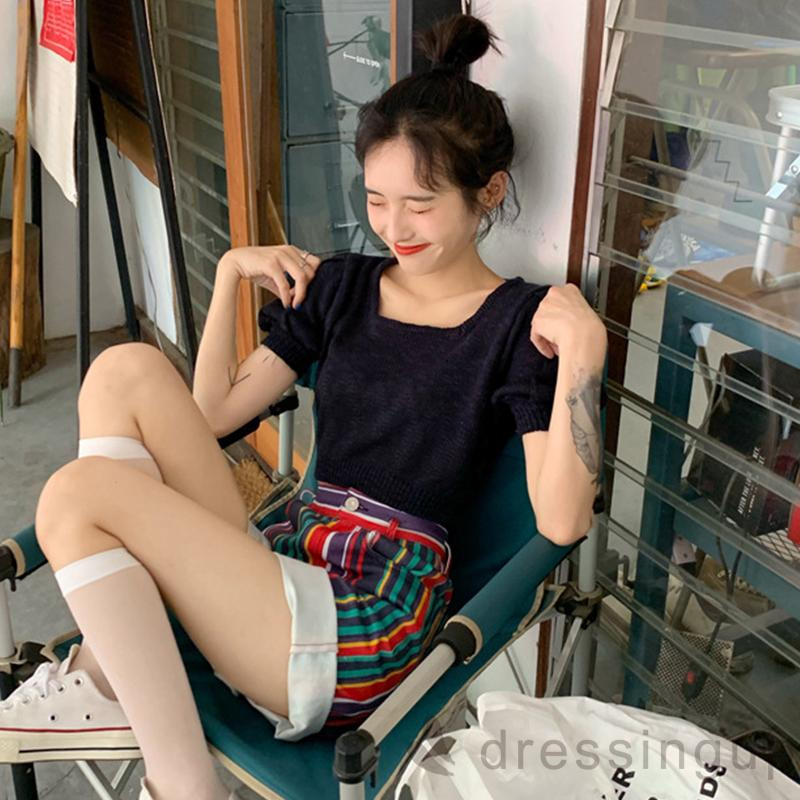 Áo dệt kim tay ngắn màu trơn hở eo thời trang mùa hè dành cho nữ