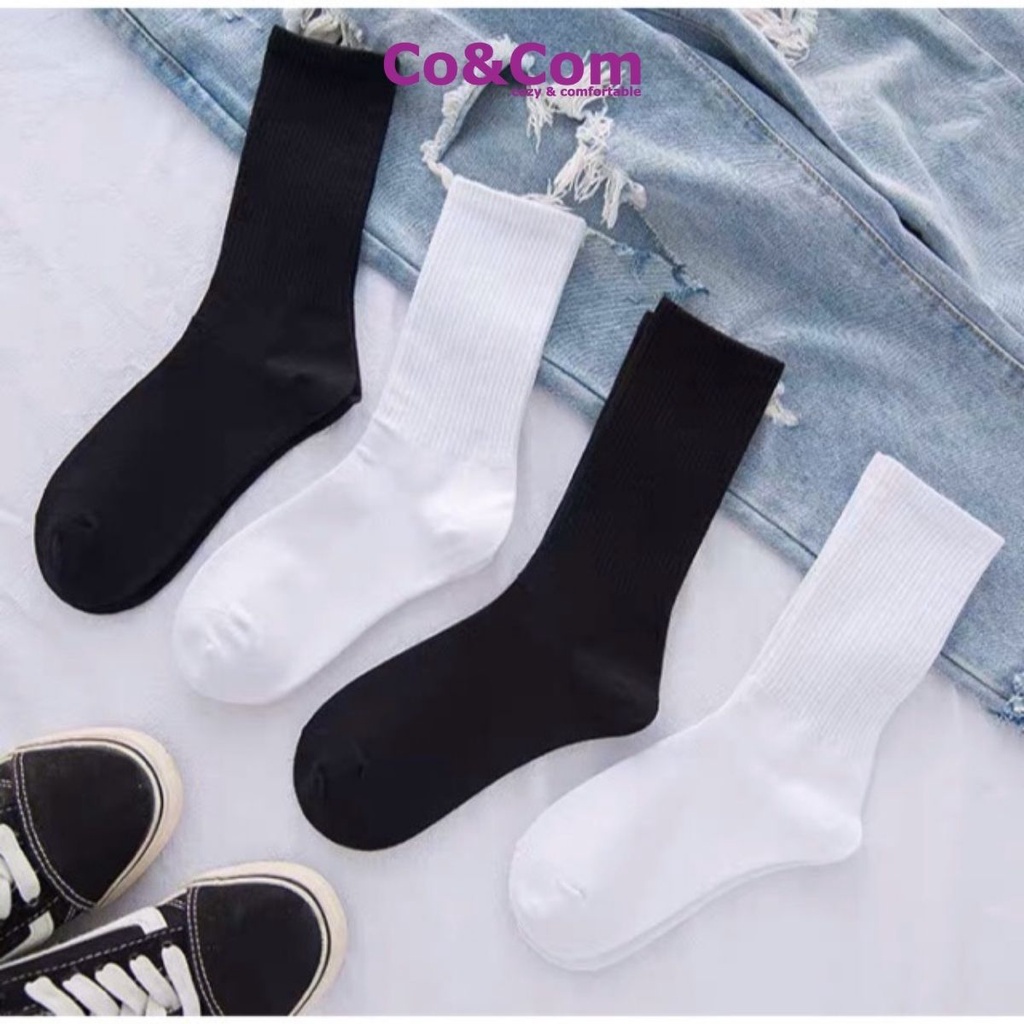 Tất Cổ Cao Unisex Kiểu Dáng Hàn Quốc 2 Màu Đen Trắng Co&Com Vớ Nam Nữ Cotton Mềm Mịn Chống Hôi Chân DPTN009