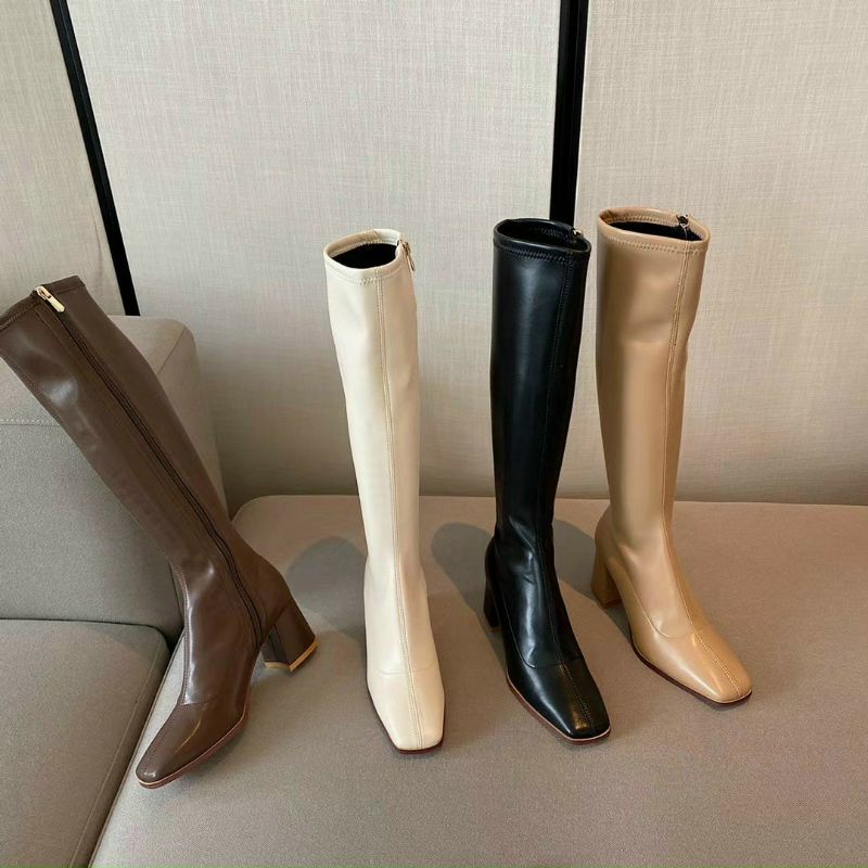 Boots gối da lì cho người bắp nhỏ chân đen nude kem