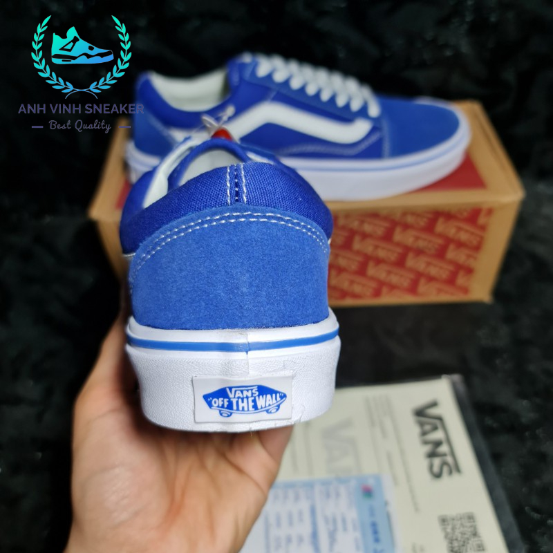 Giày Vans Old Skool Xanh Sọc Trắng Blue White Nam Nữ Cổ Thấp