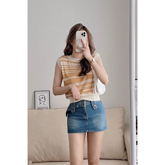 [Ảnh thật/Video]Áo mongtogi sát nách kẻ nhỏ Mina hàng Quảng Châu Áo len ba lỗ loại đẹp