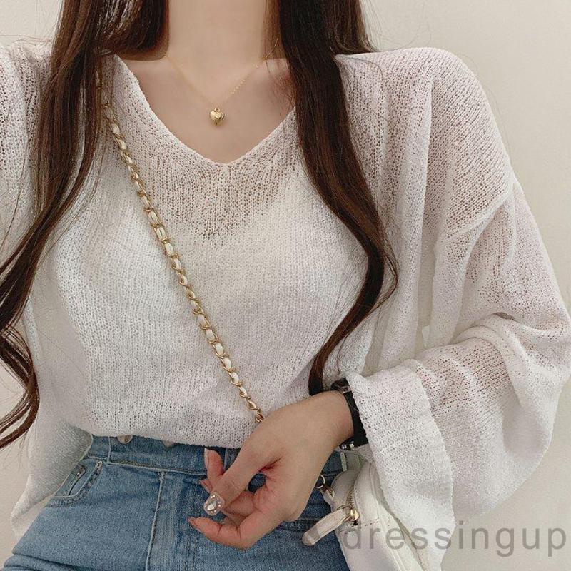 DRE-Female Loose Tops, Solid Color V-Neck Long Sleeve Tie-Up Knitted Blouse Pullover for Spring Summer, White/Black