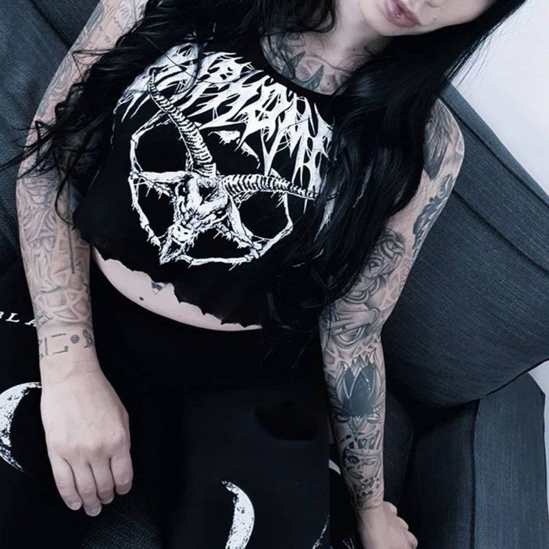 Xixi Áo Croptop Dệt Kim Không Tay In Hình Dê Màu Đen Phong Cách Gothic Punk Thời Trang Cho Nữ