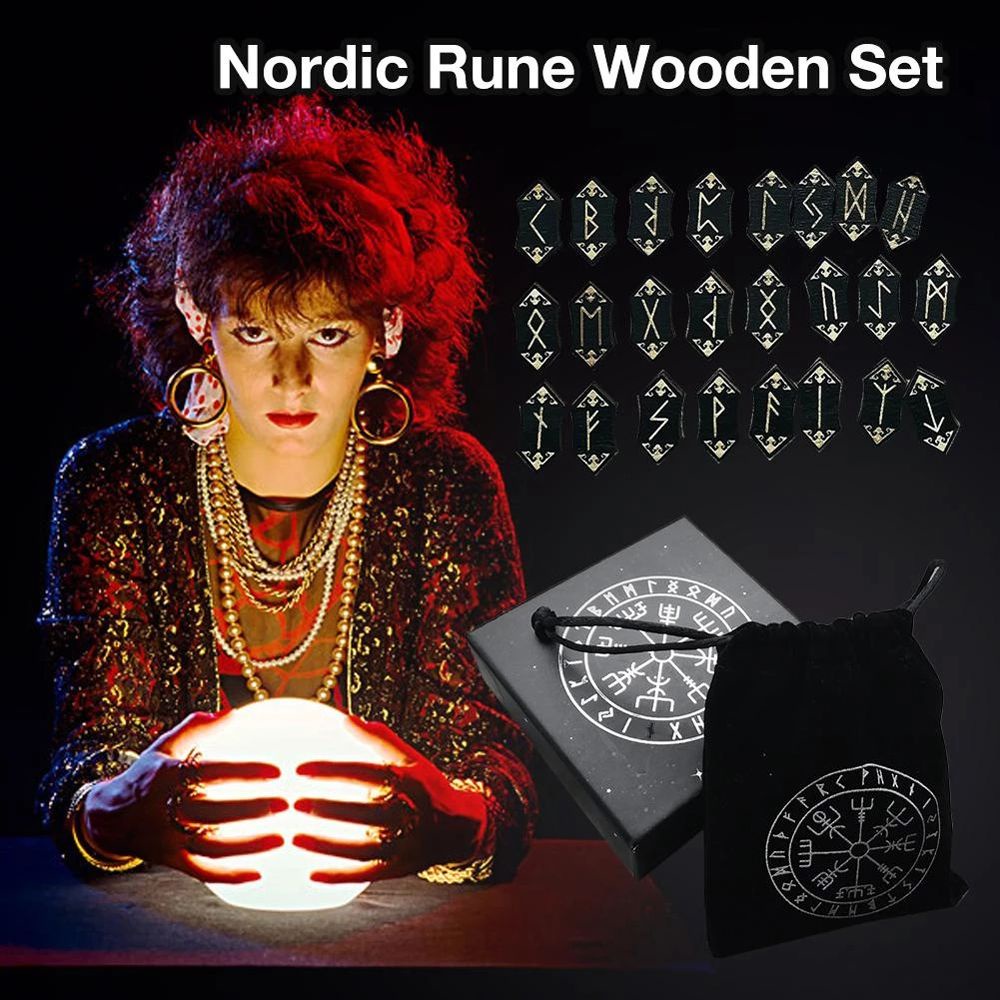 Bộ 25 Thẻ Gỗ In Chữ Runes Nhiều Màu Sắc Kèm Túi Đựng