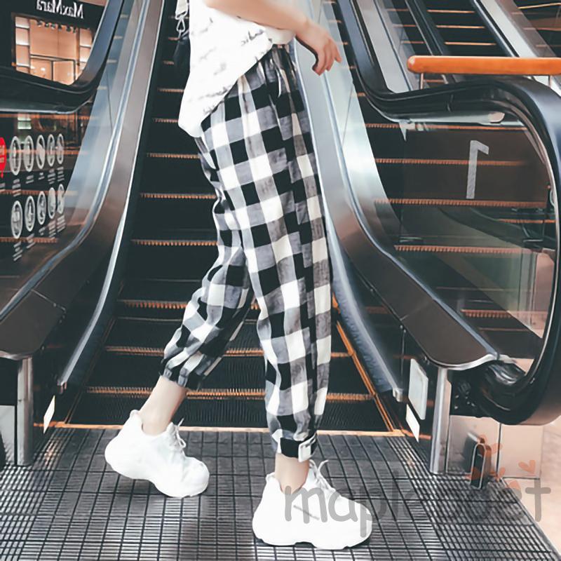 MAP-Female Trousers, Women’ s Plaid High Waist Long Harem Pants with Drawstring for Spring Summer, S/M/L/XL/XXL