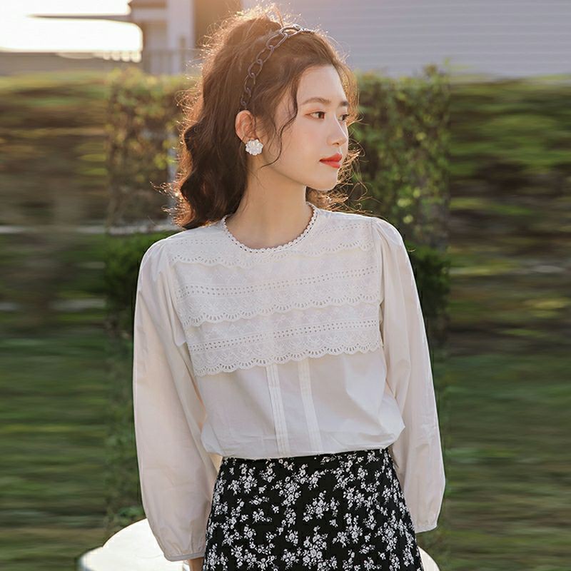 [CÓ SẴN] Áo sơ mi dài tay cổ tròn phối ren