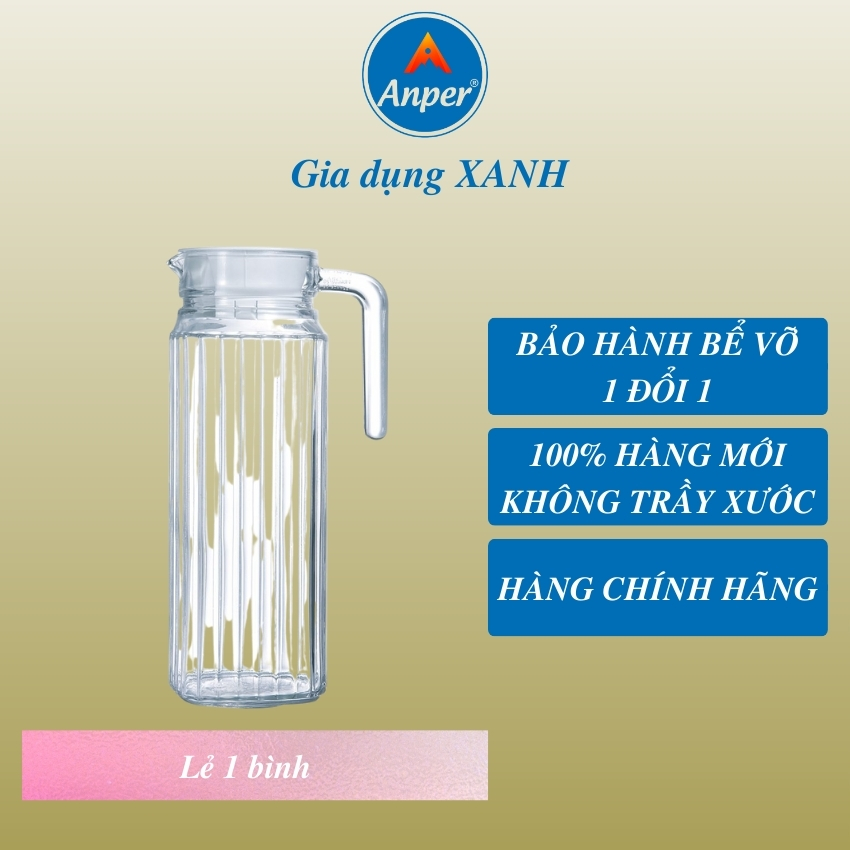 Bình Nước Thủy Tinh Anper Lục Lăng 1.2L Cao Cấp Sang Trong Có Mỏ Rót Và Nắp Nhựa  An Toàn