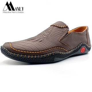 Giày lười nam dập vân cá sấu cao cấp MANLY, xu hướng giày nam 2021, da bò thật 100%, bảo hành 12 tháng, Nâu-ML057