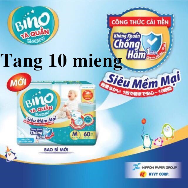 Tã quần bino kháng khuẩn chóng hăm M60 / L54 / XL48 / XXL44 + Khăn ướt Omely cao cấp 80 tờ