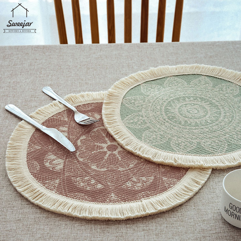 Tấm lót bàn ăn SWEEJAR phong cách bohemian thiết kế tua rua chống trượt và cách nhiệt tiện dụng