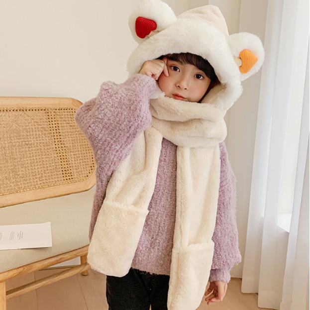 Mũ Lông Cừu Tai Gấu Kèm Khăn Quàng Cổ Và Găng Tay Ấm Áp Ulzzang Hàn Quốc Cho Bé Mùa Thu Đông