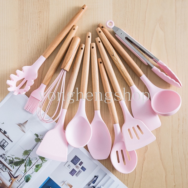 Muỗng Silicone Cán Gỗ Không Dính Màu Hồng Cho Nhà Bếp