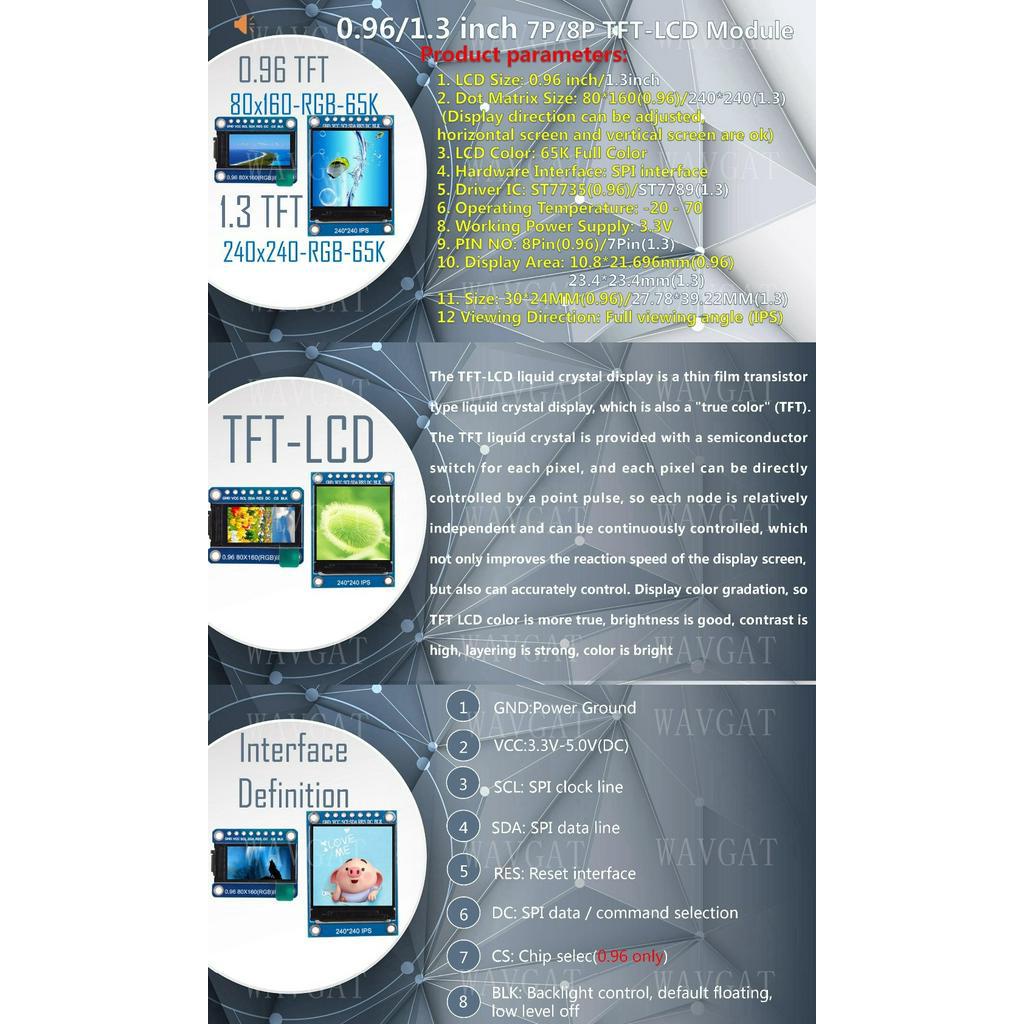 Mô đun màn hình LCD TFT 0.96/1.3 inch IPS 7P SPI HD 65K đủ màu ST7735 / ST7789 80*160 240*240