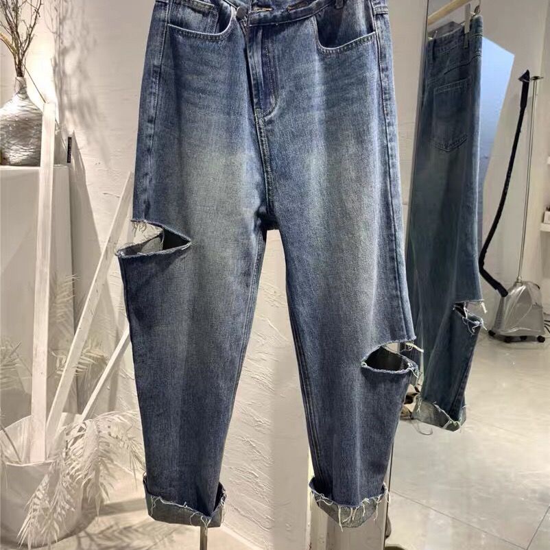 Quần Jean Dài Lưng Cao Ống Đứng Phối Rách Gối Thời Trang Theo Phong Cách Hàn Quốc