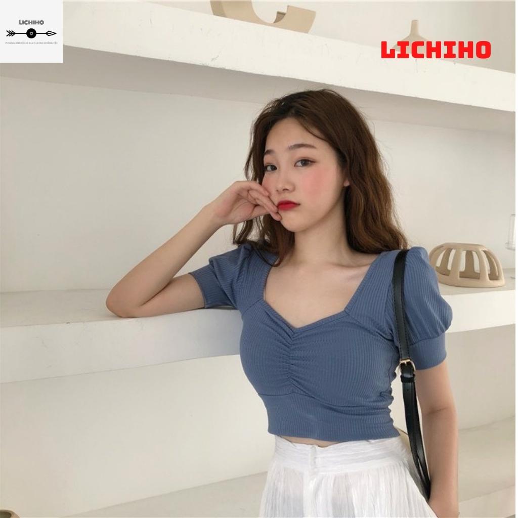 Áo croptop nữ tay phồng cổ vuông CT02 LICHIHO nhún ngược chất vải tốt mịn màn chất lượng quyến rủ | BigBuy360 - bigbuy360.vn