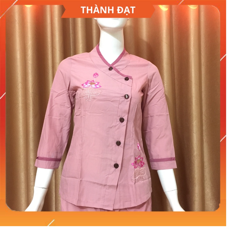 Đồ Lam Đi Chùa, Bộ Đi Chùa Vạt Chéo Hoa Sen Vải Kate Mềm Mịn, Dày Dặn, Thấm Hút Mồ Hôi Tốt, Mặc Lên Thoải Mái, Dễ Chịu