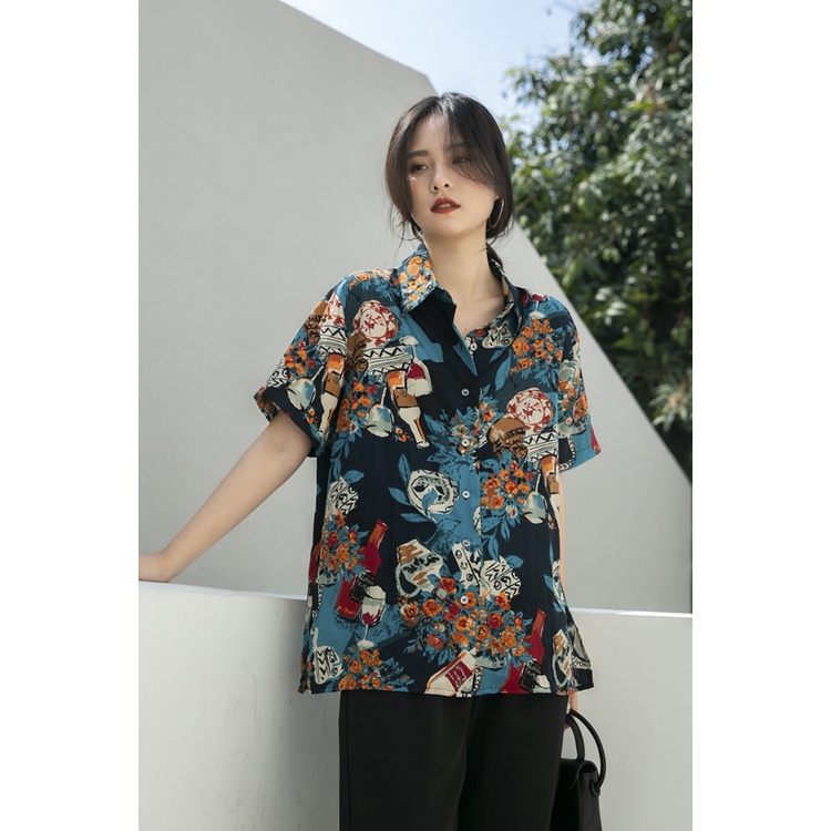 Áo Sơ Mi Tay Ngắn Họa Tiết Tranh Sơn Dầu Phong Cách Retro Hong Kong Thời Trang Mùa Hè