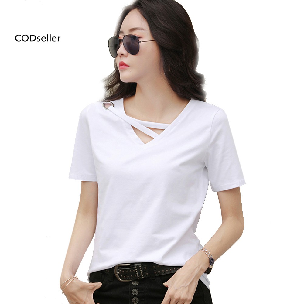 Áo thun cổ V tay ngắn màu trơn thời trang cho nữ