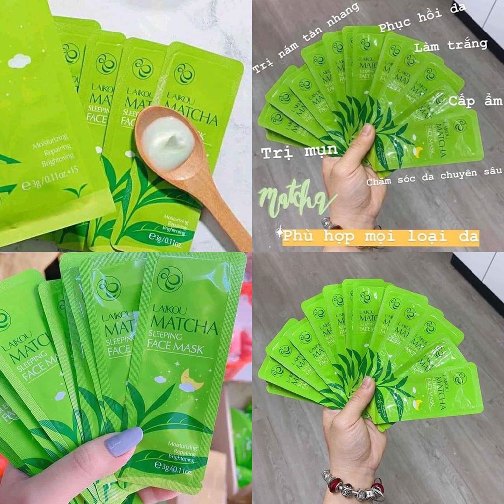 Mặt nạ ngủ FREESHIP Mặt nạ ngủ trà xanh Matcha LaiKou giảm mụn bán lẻ gói 3g