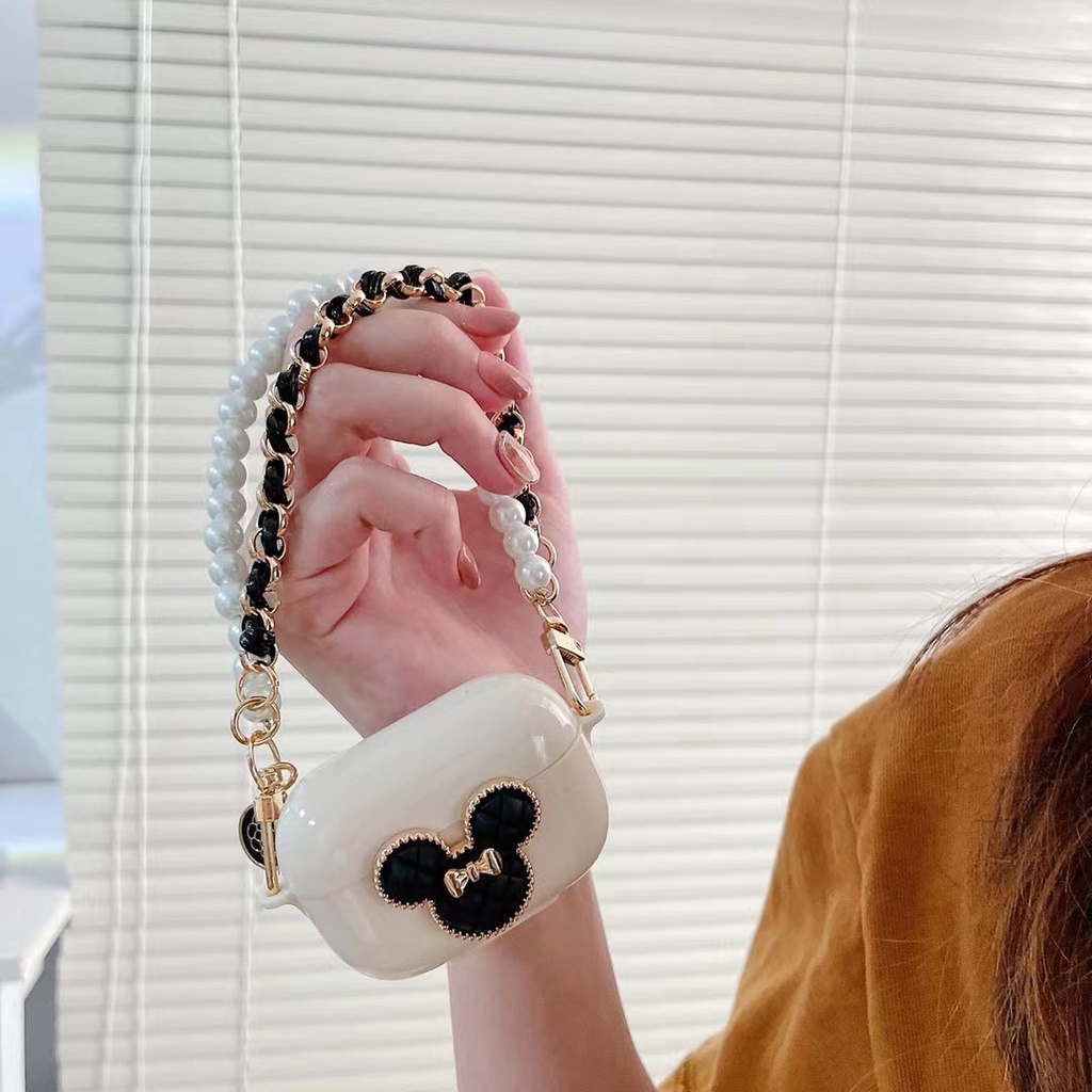 Vỏ Bảo Vệ Hộp Sạc Tai Nghe Bluetooth Mềm Hình Đầu Chuột Mickey Màu Đen Kèm Dây Xích Cho airpods1/2 Pro 3