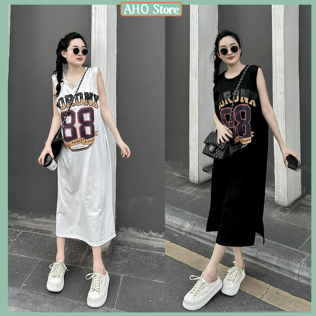 Váy Phông Nữ Dáng Dài In Hình 88BORONX Xẻ Gấu Đầm Suông Sát Nách Nữ Form Rộng Freesize