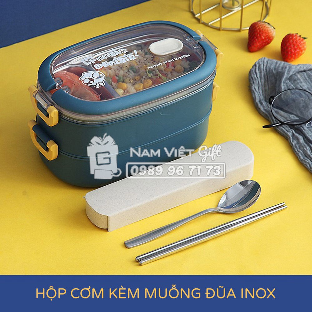 Hộp Cơm Giữ Nhiệt INOX304 Màu Sắc Hiện Đại Kèm Muỗng Đũa INOX