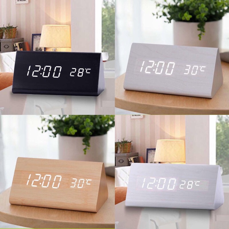 Đồng Hồ Gỗ Led Hình Tam Giác Trang Trí Phòng Ngủ Bàn Làm Việc + Tặng Kèm Pin