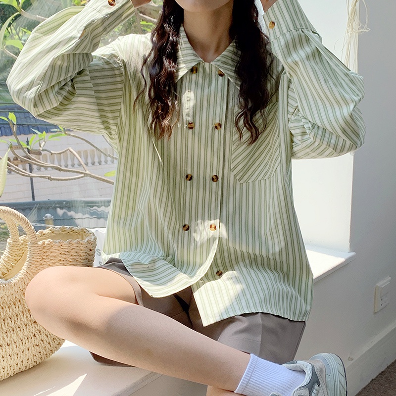 【ZHELIHANGFEI】Áo Sơ Mi Nữ Tay Dài Kẻ Sọc Thời Trang Thanh Lịch