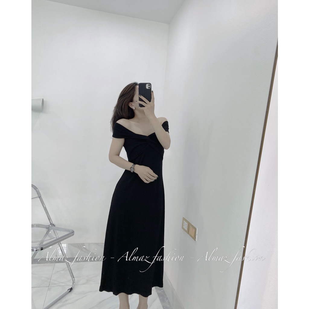 Váy đen trễ vai soắn ngực, váy đi tiệc đám cưới sang trọng chất thun gân siêu mềm siêu mát - Almaz Fashion