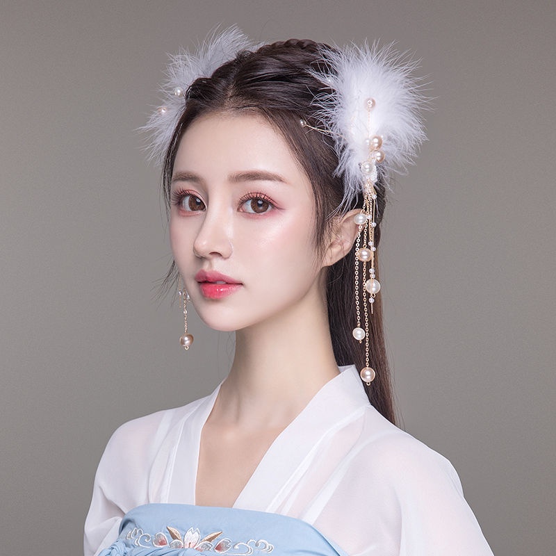 Bộ Kẹp Tóc Đính Lông Vũ Phong Cách Cổ Điển Trung Hoa Cho Nữ