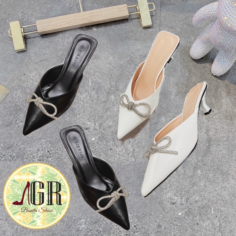 Guốc mũi nhọn da mềm nơ đá gót nhọn 5 cm