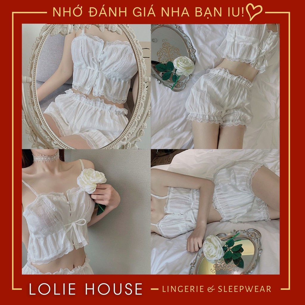 Đồ ngủ sexy nữ 2 dây Bộ ngủ hai dây Set ngủ vải đũi mỏng màu trắng gợi cảm LOLIE HOUSE - SS1