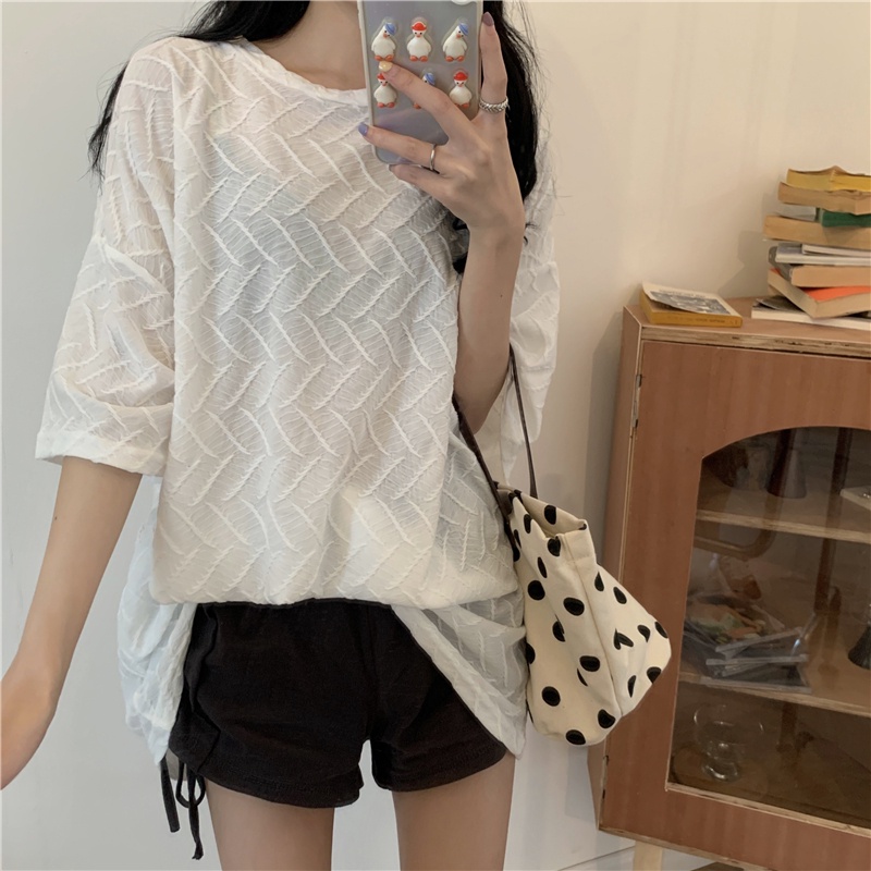 Áo Thun Mỏng Cổ Tròn Ngắn Tay Dáng Rộng Trong Suốt