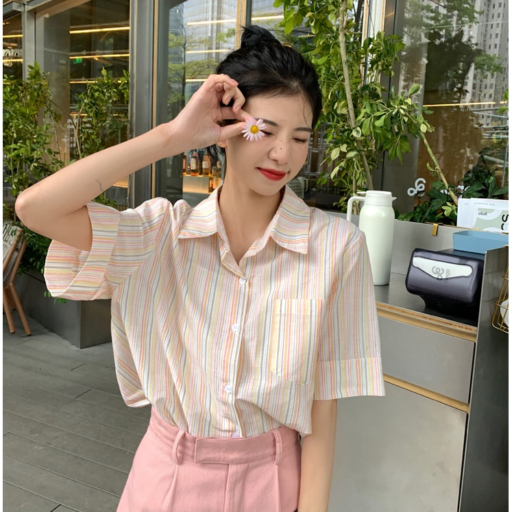 Áo Sơ Mi Ngắn Tay Họa Tiết Kẻ Sọc Phong Cách Hàn Quốc Dành Cho Nữ