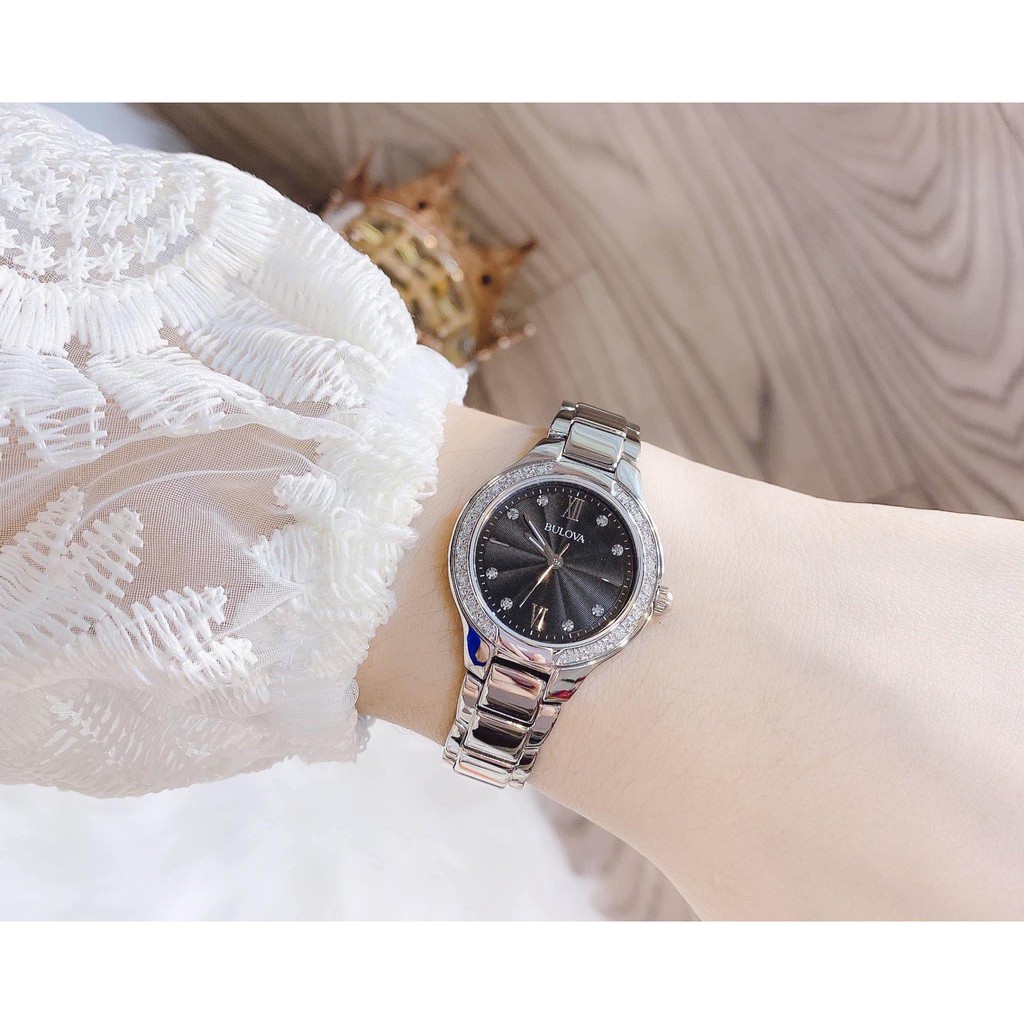 Đồng hồ nữ Bulova 96R207 mặt đen, viền đá  ⚜️Hàng Authentic⚜️