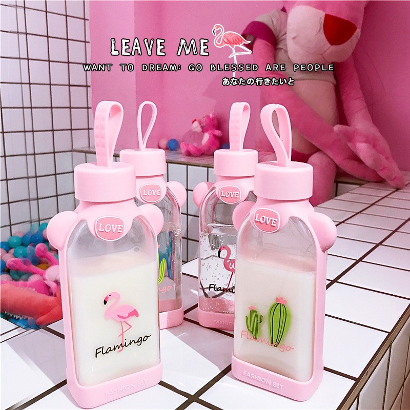 [Hàng sẵn] Bình thuỷ tinh bọc silicone Flamingo hồng dẹt 350ml