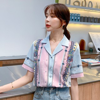 Áo Sơ Mi Voan Tay Ngắn Cổ Chữ V In Họa Tiết Hoa Thanh Lịch