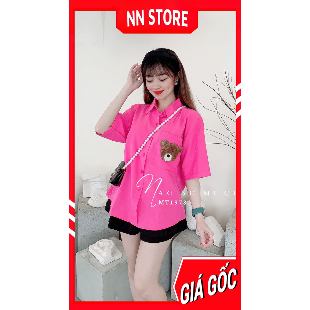 Áo sơ mi nữ công sở tay ngắn chất vải MT mềm mịn thêu gấu dễ thương Áo kiểu nữ MT1978