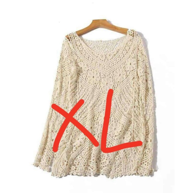 [HÀNG MỸ SĂN SALE] Áo ren xuyên thấu ADRIENNE VITTADINI cổ tròn tay dài thêu hoa màu be | BigBuy360 - bigbuy360.vn